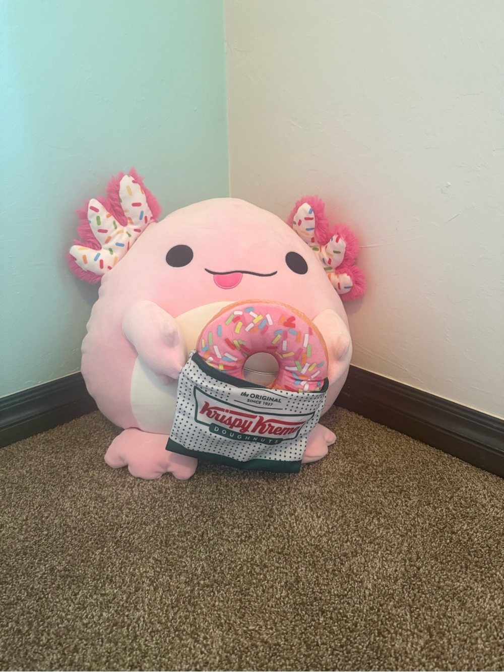 Squishmallow Krispy Kreme Pink Axolotl Plush with Donut Toy